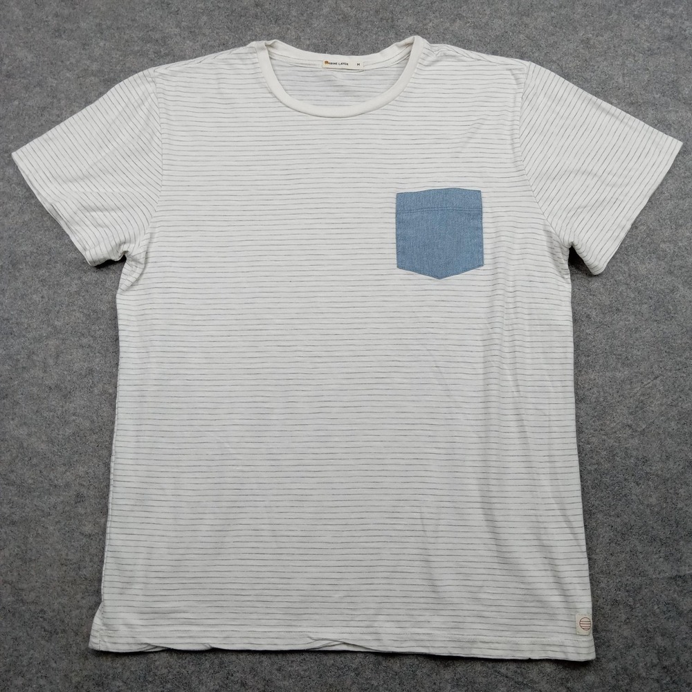 Marine Layer White Thin-Striped Tee with Blue Chest Pocket